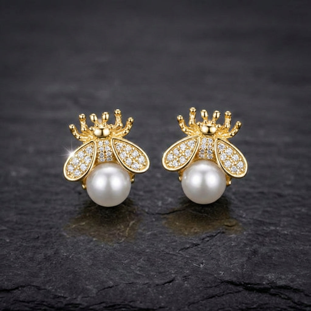 Pearl And Zirconia Bee Earrings In Gold