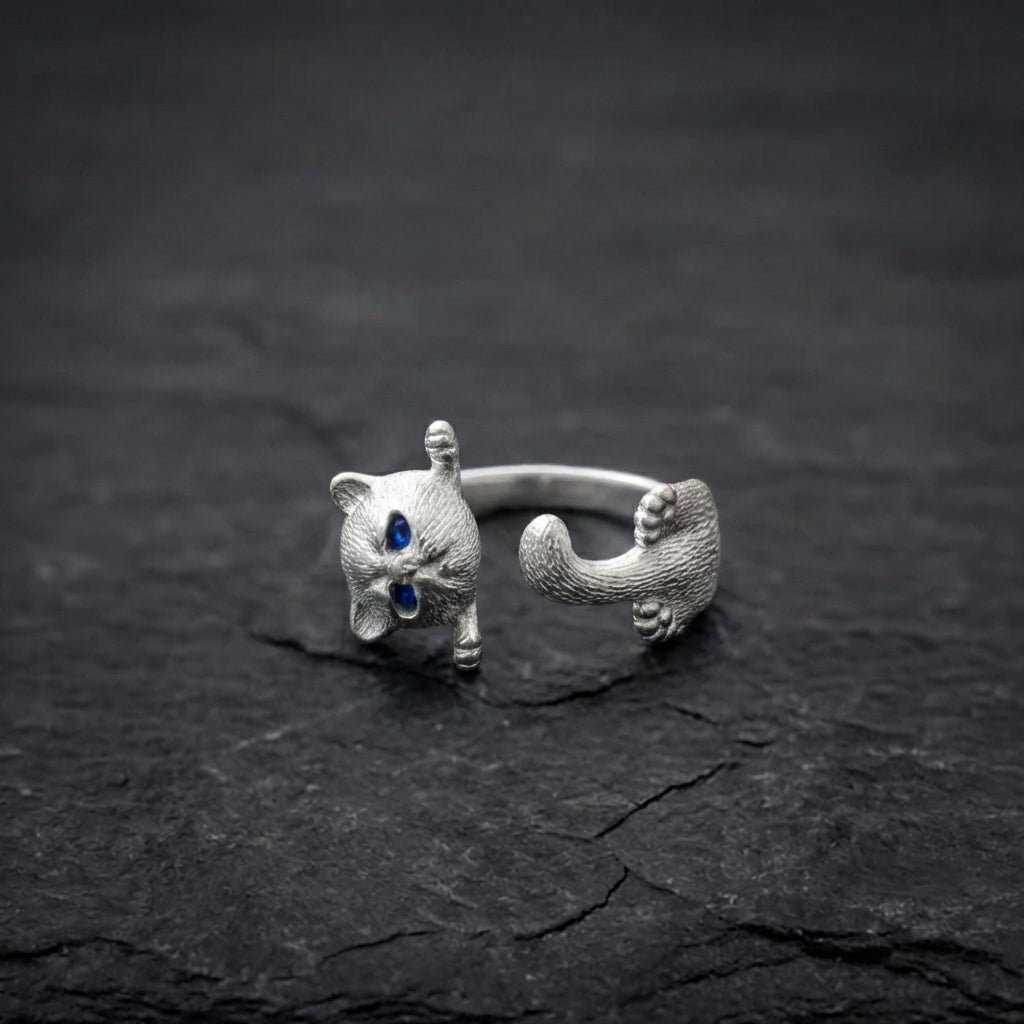 Adjustable 925 Sterling Silver Kitten Ring