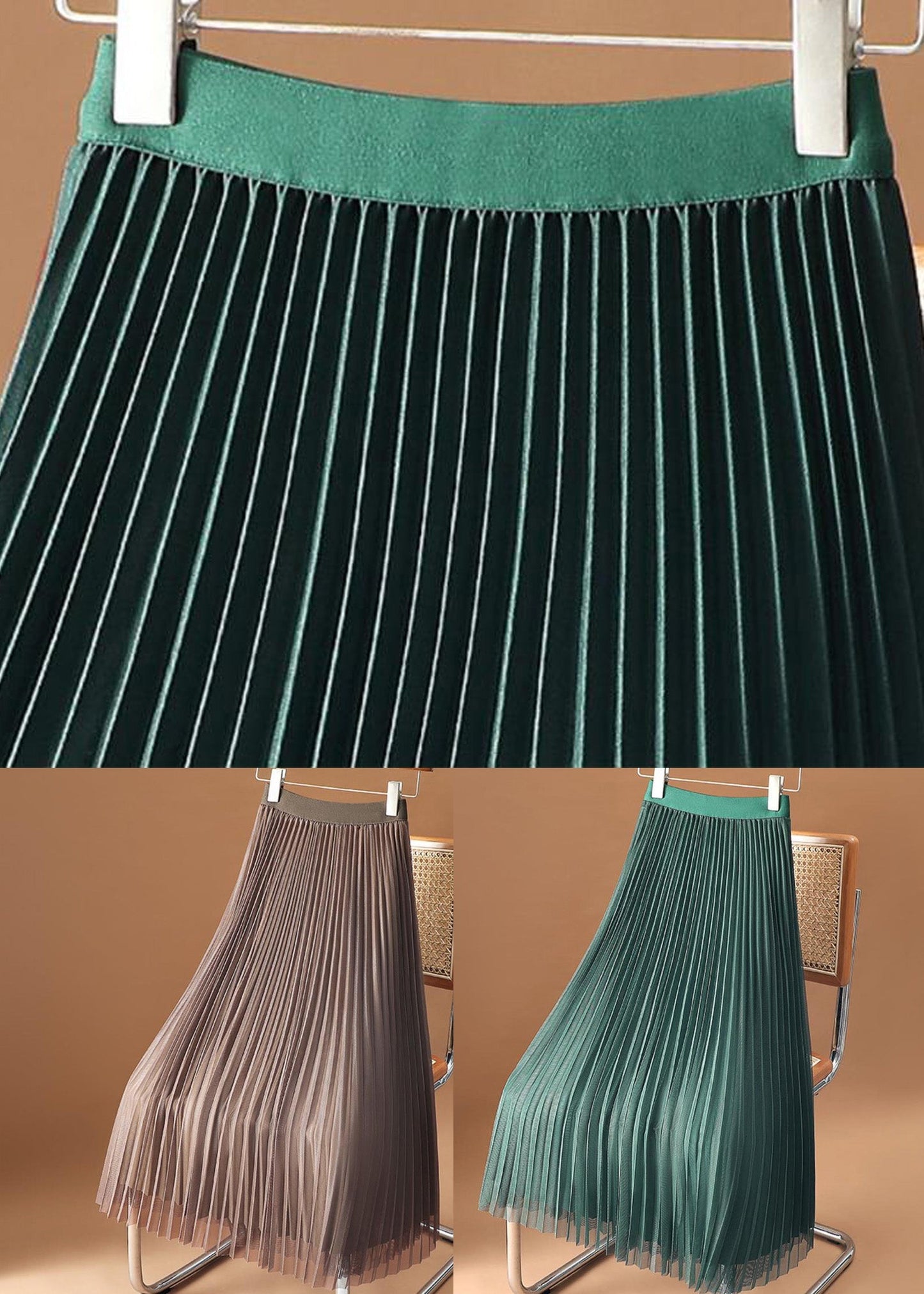 Green Elastic Waist Velour Tulle a Line Skirts Spring