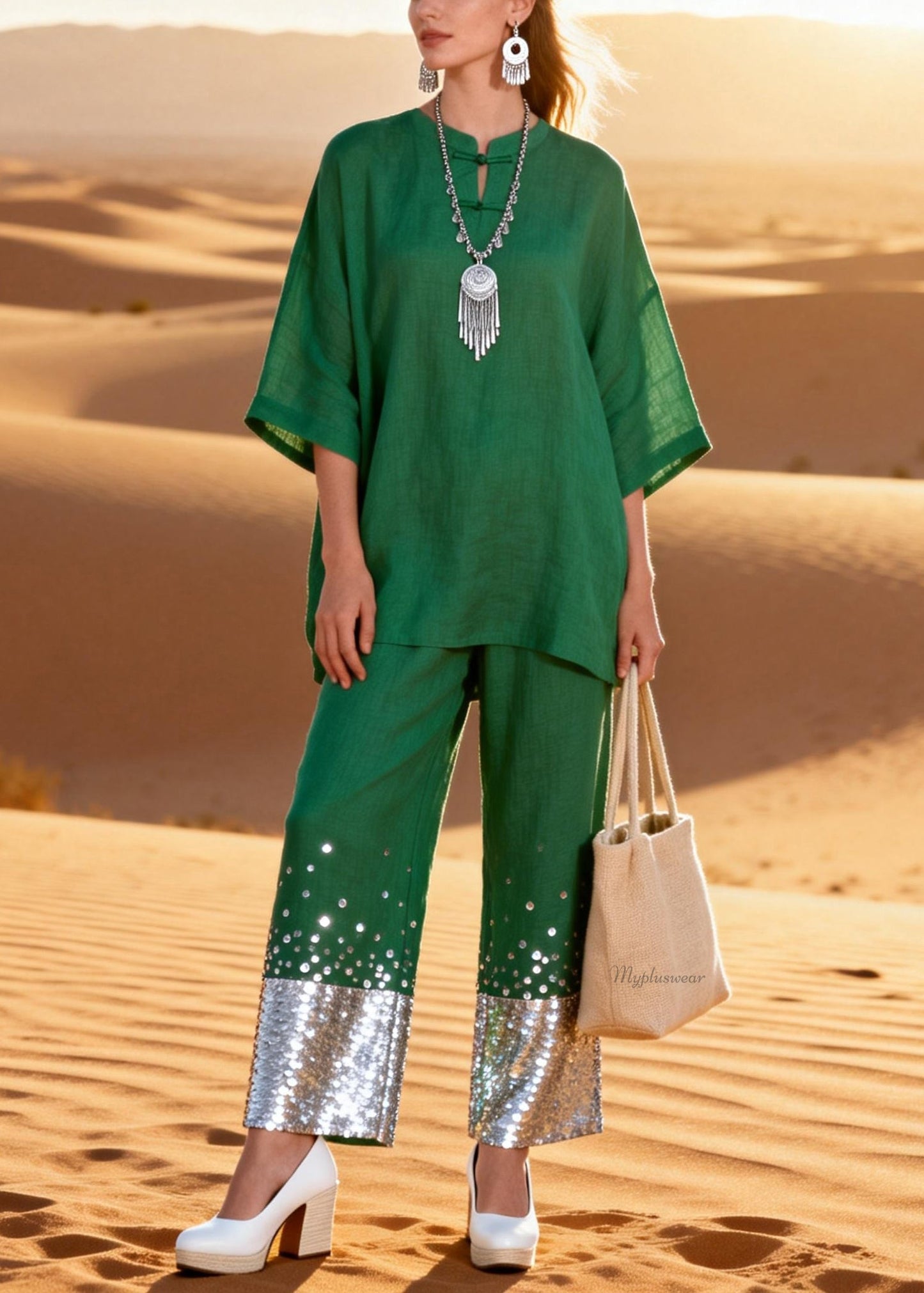 Green Sequins Shirts and Crop Pants Patchwork Linen Two Pieces Set O Neck Half Sleeve