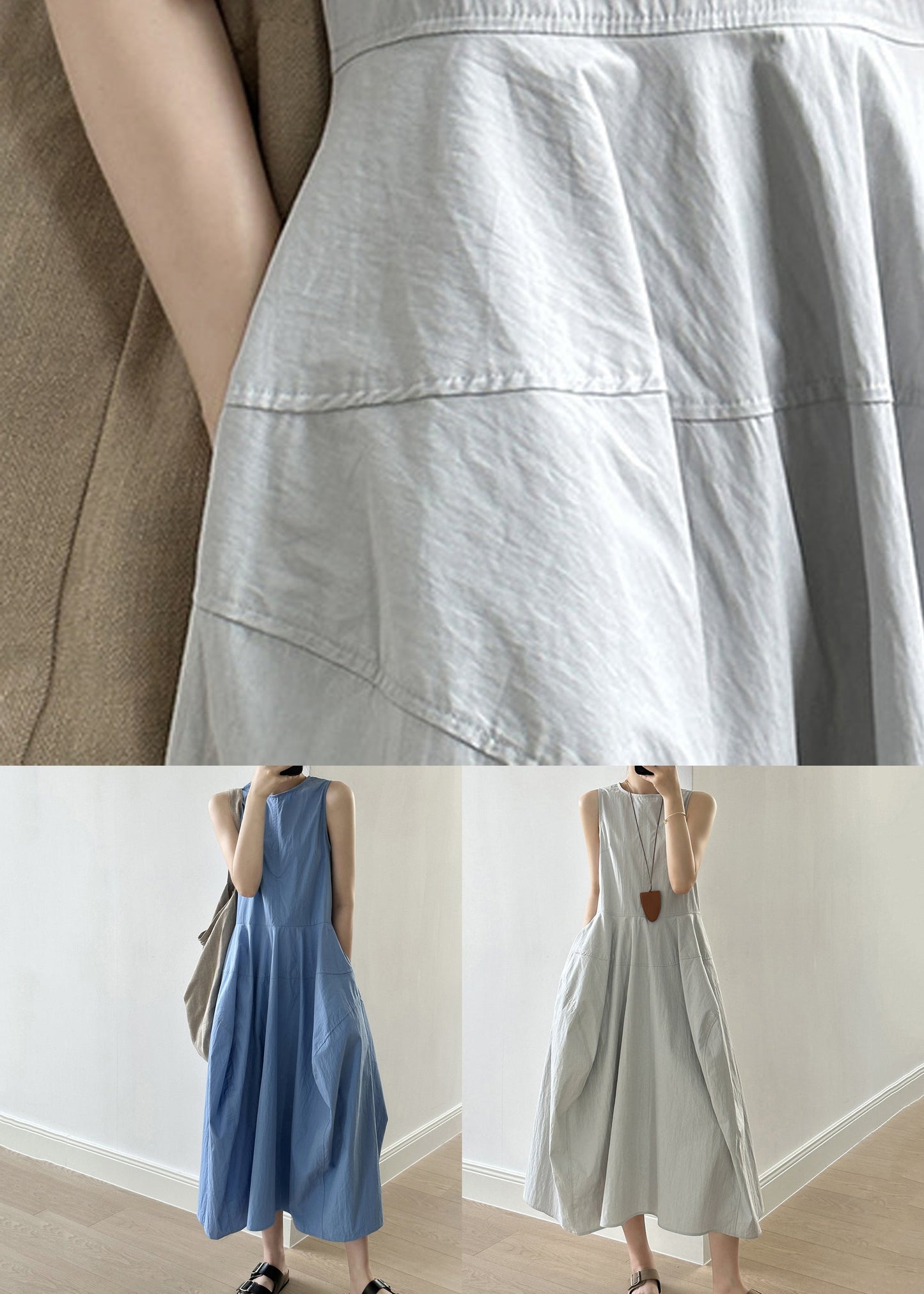 Green Patchwork Cotton Long Dress Zippered Fall