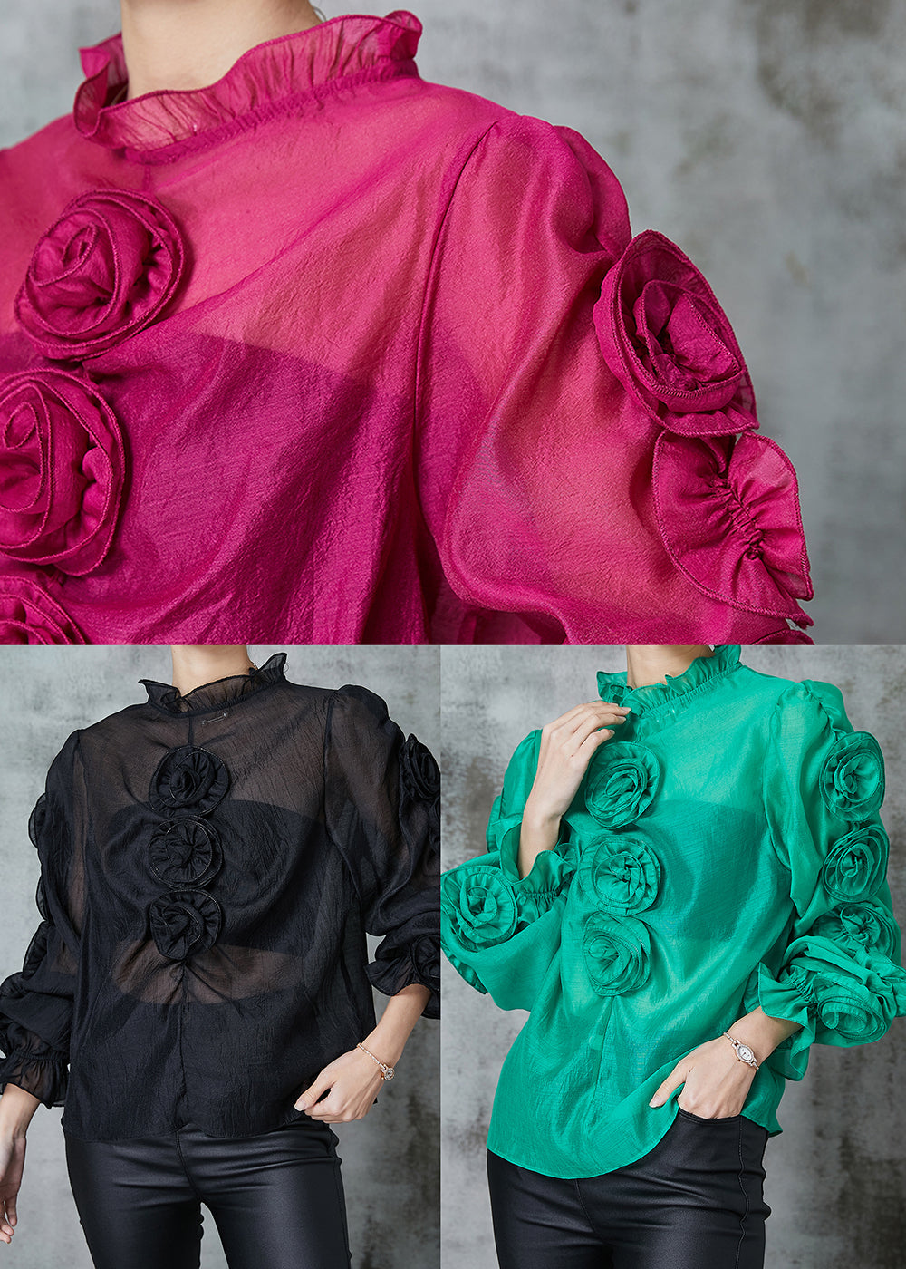 Green Stereoscopic Chiffon Shirt Top Ruffled Spring