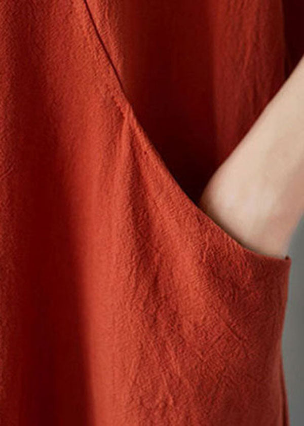 Handmade Caramel O-neck Embroideried Pocket Cotton Mid Dress Short Sleeve