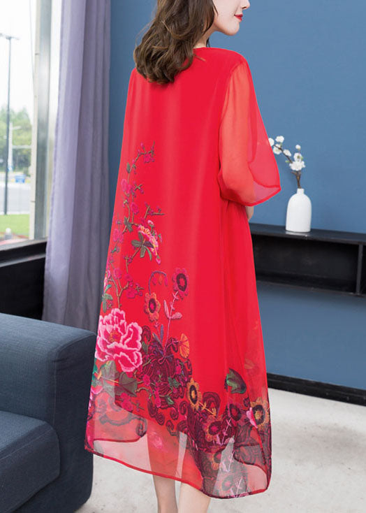 Handmade Red O Neck Patchwork Chiffon Dress Summer