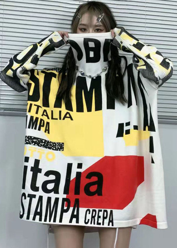Handmade White Turtle Neck Graphic Knit Tops Winter