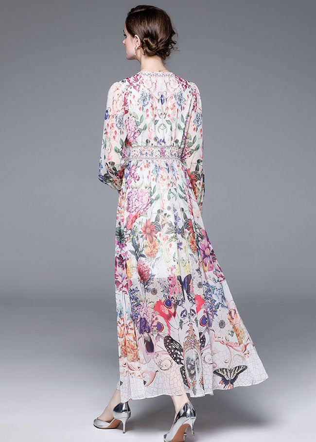 Italian V Neck Front Open Patchwork Chiffon Vacation Dresses Long Sleeve