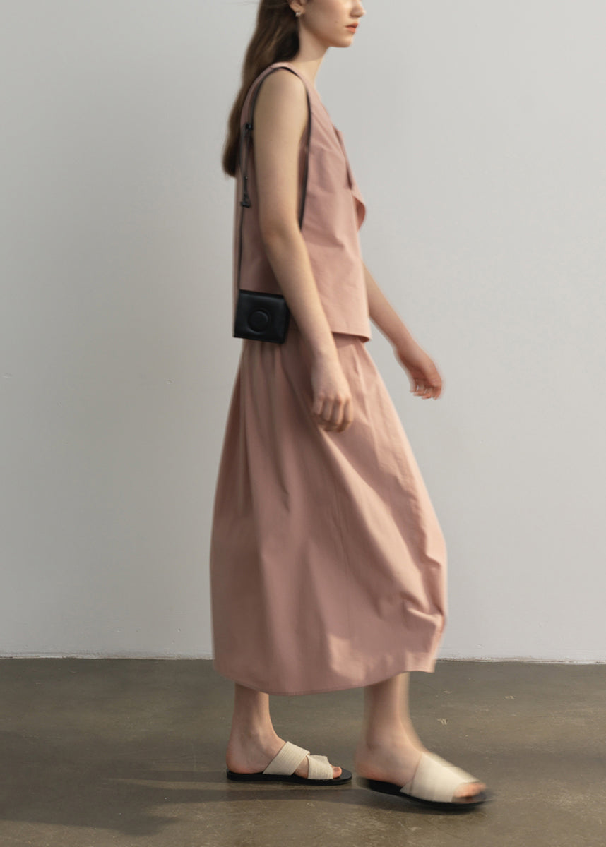 Italian Pink Square Collar Tops and Skirts Cotton Two Pieces Set Sleeveless