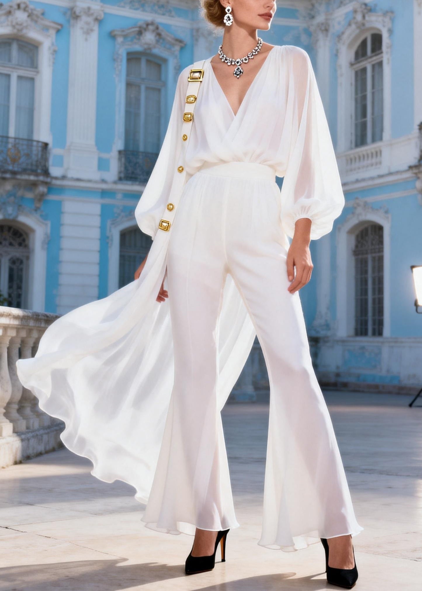 Italian White V Neck Ribbon Detachable Tops and Bell Bottom Trousers Two Pieces Set Spring