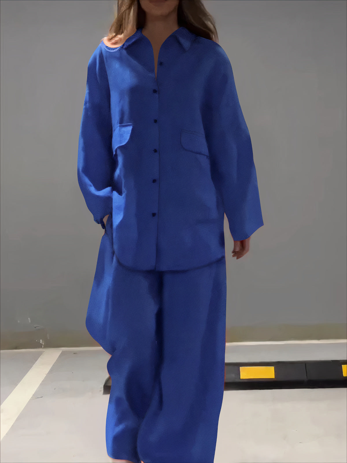 CD | Buton Casual pentru femei cu mânecă lungă Polo Bluză cu buzunare și pantaloni Set