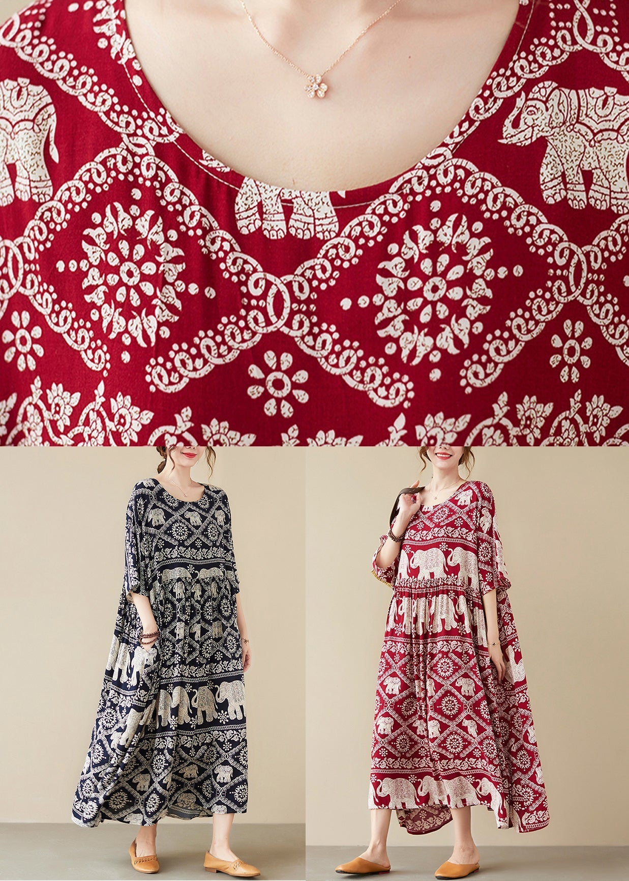 Loose Black O-neck Print Maxi Dress Half Sleeve