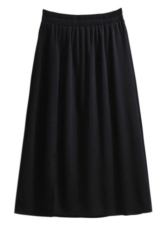 Loose Black Wrinkled Front Open Patchwork Cotton a Iine Skirts Fall