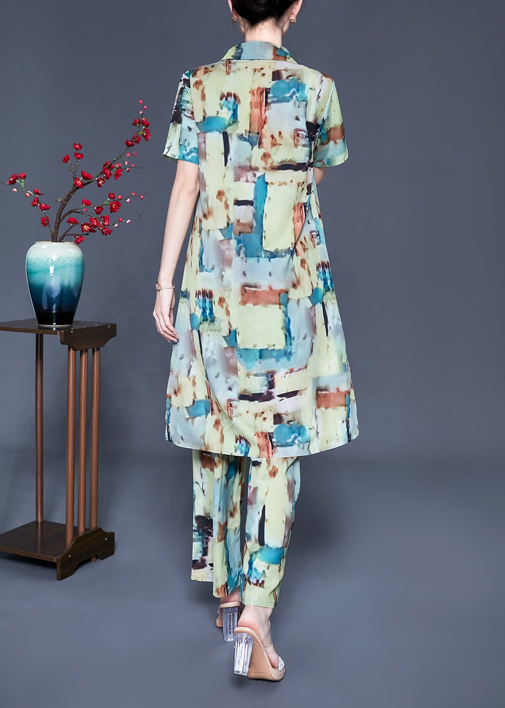 Loose Peter Pan Collar Print Silk Long Shirt and Straight Pants Two Piece Set Summer
