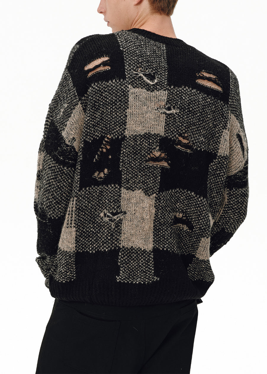 Loose Plaid Hole Patchwork Knit Sweater Tops Fall