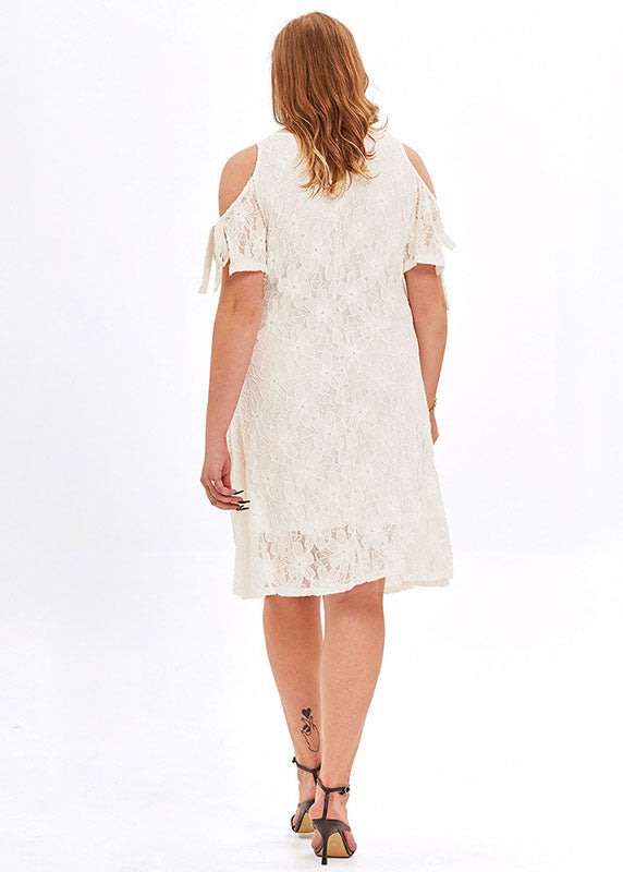 Loose White O-neck Lace Mid Dresses Summer