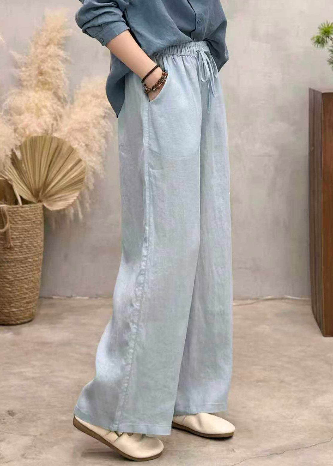 Loose White Pockets Tie Waist Linen Wide Leg Pants Summer