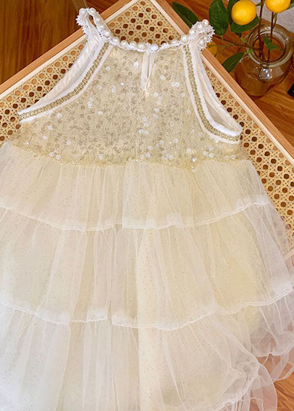 Beige Sequins Nail Bead Wrinkled Patchwork Tulle Baby Princess Dress Summer
