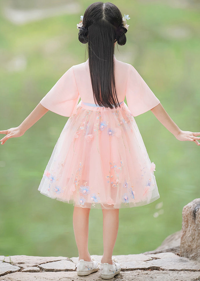 Modern Pink Patchwork Tie Waist Tulle Mid Dresses Short Sleeve