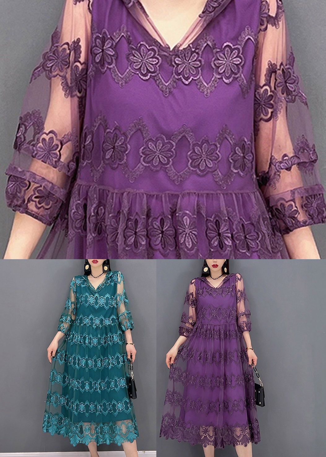 Modern Purple V Neck Embroideried Lace Patchwork Hooded Dress Long Sleeve