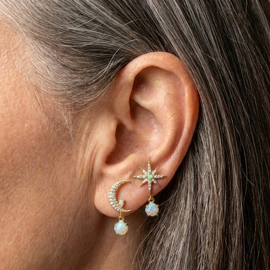 Moon and Star Earrings Made of Gold and Opal
