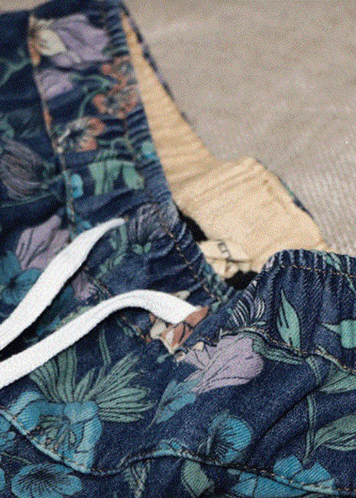 Natural Blue Cinched Print Denim Pants Winter