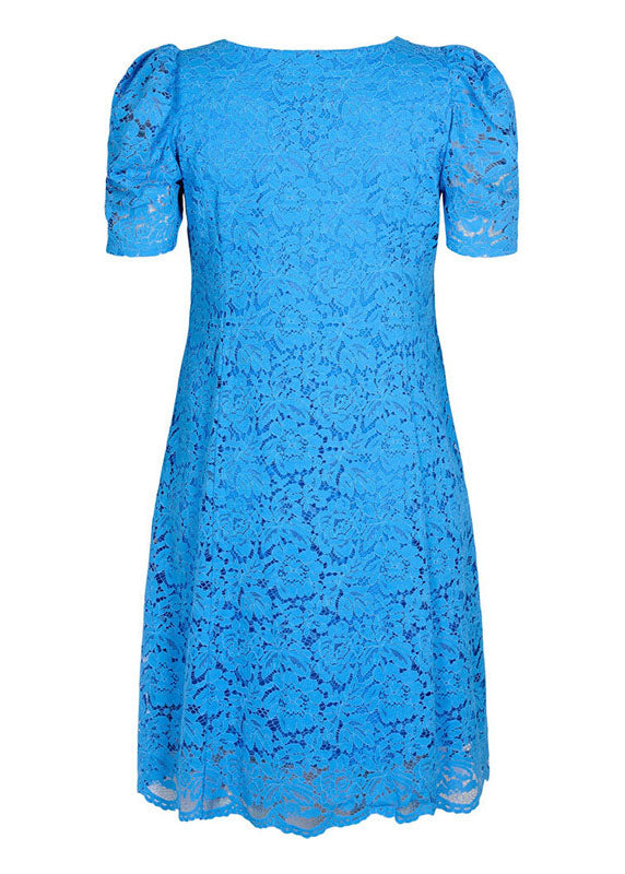 Natural Blue O-neck Hollow Out Lace Mid Dress Summer