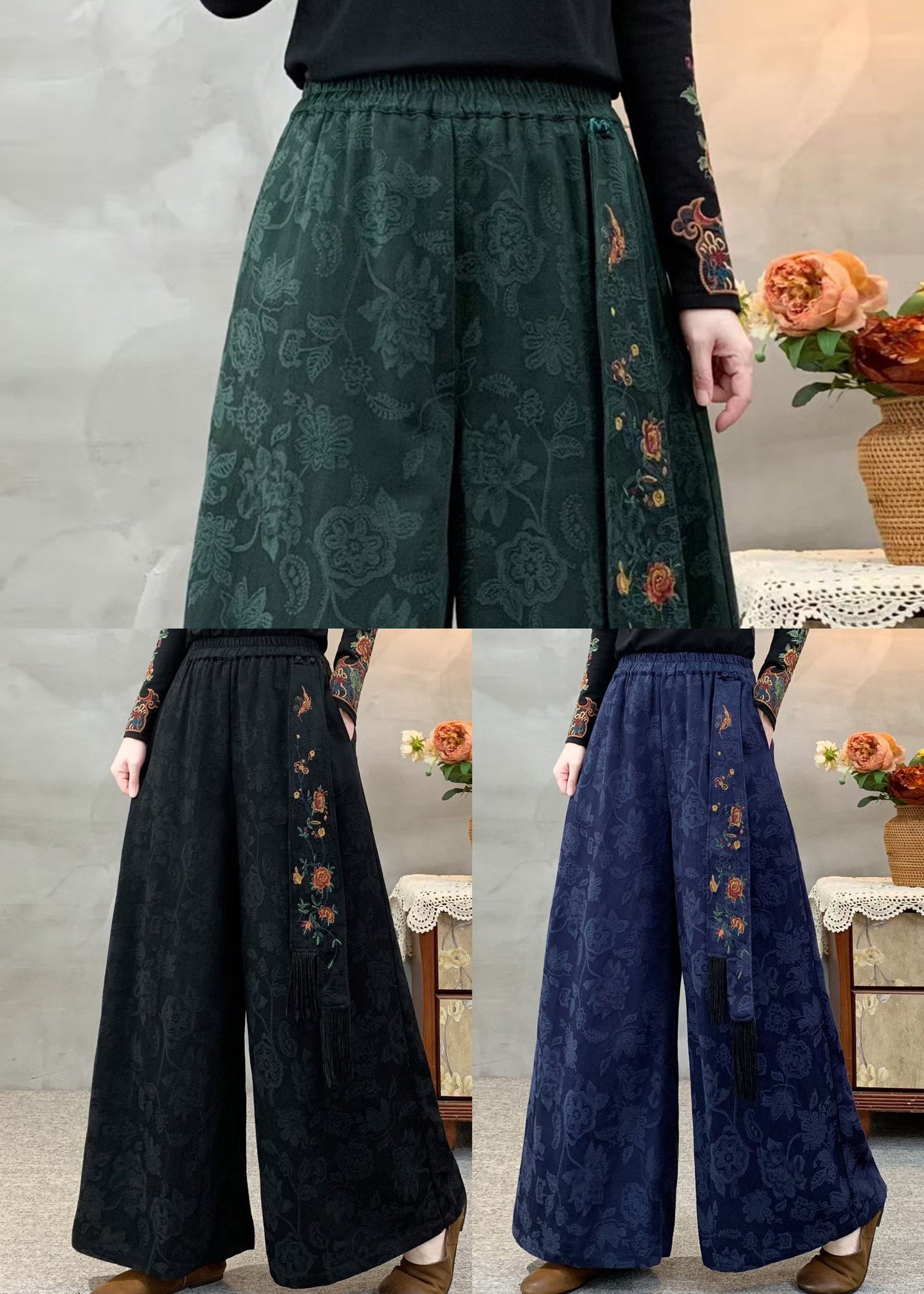 Navy Pockets Jacquard Retro Cotton Pants Embroidered Fall