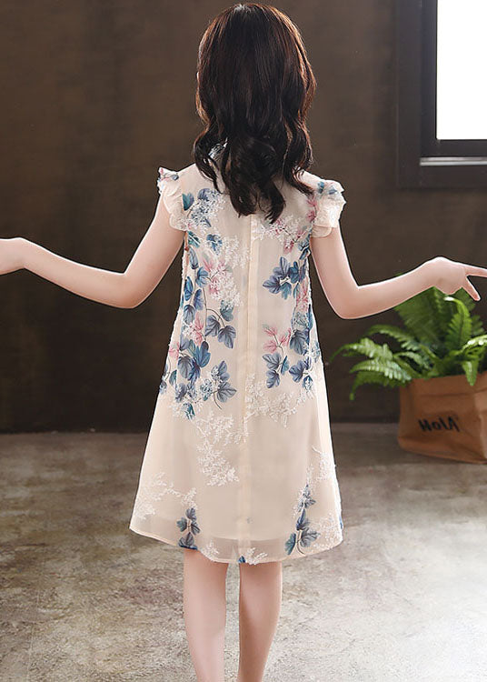 New Apricot Ruffled Print Chinese Button Patchwork Chiffon Baby Dresses Summer