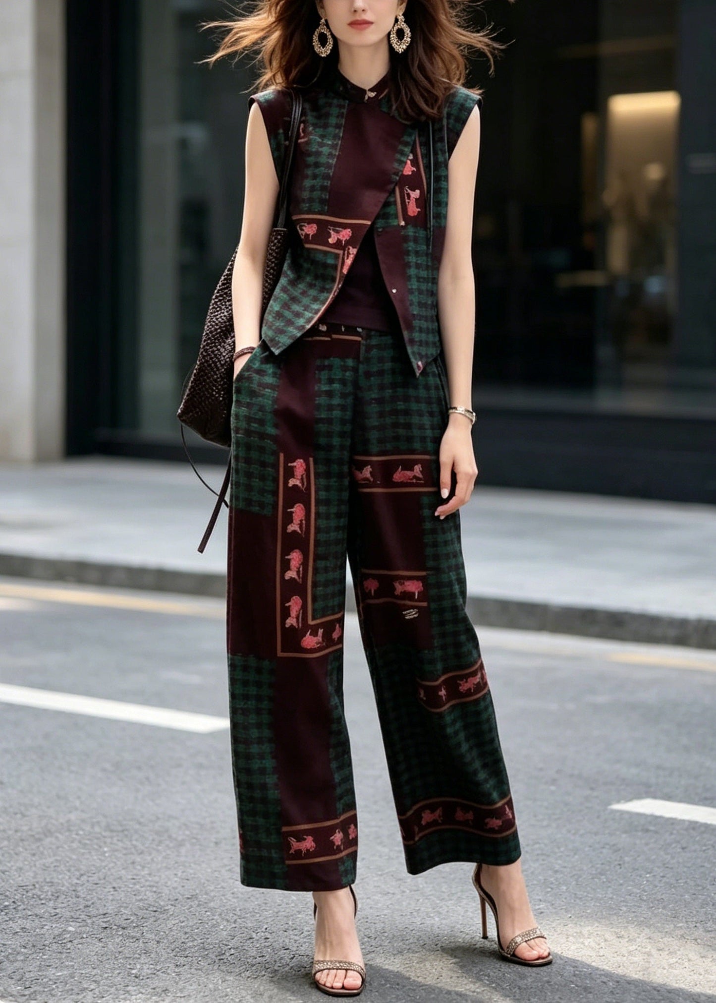 New Chinese Style Print Sleeveless Top and Wide Leg Pants Two Pieces Set