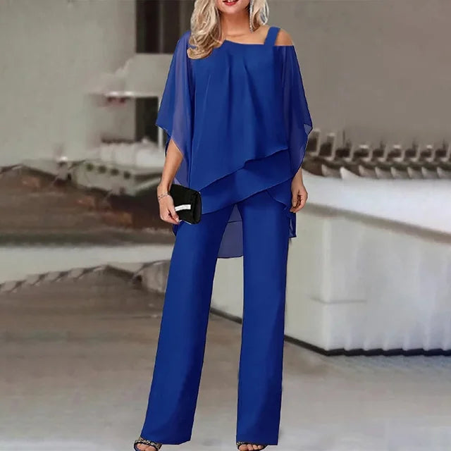 CD | Set elegant format dintr-o bluză cu volane fără umeri și pantaloni cu picior drept pentru femei