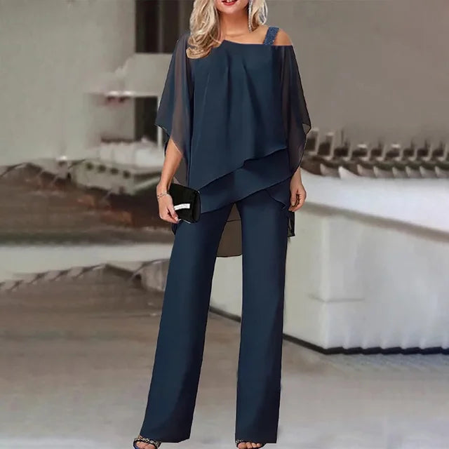 CD | Set elegant format dintr-o bluză cu volane fără umeri și pantaloni cu picior drept pentru femei