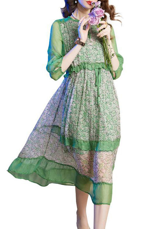 Novelty Green O-neck Print Patchwork Ruffled Tie Waist Holiday Maxi Dress Summer