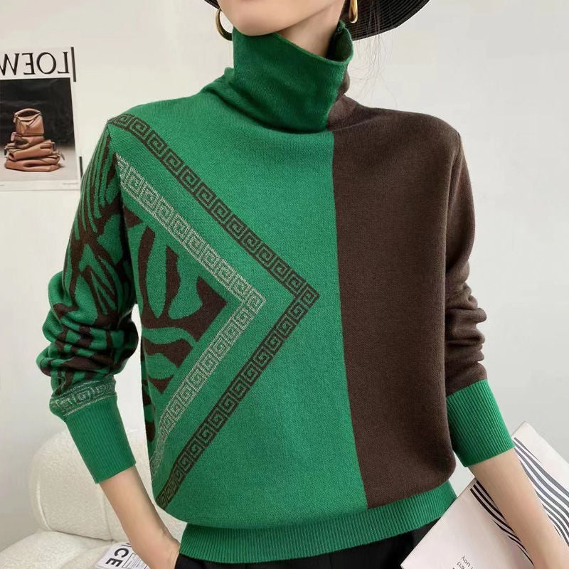 CD | Pulover elegant cu guler tip broască țestoasă și model geometric