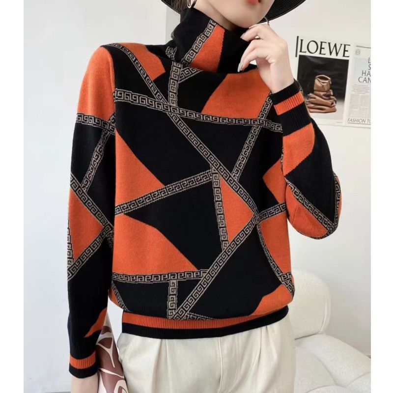 CD | Pulover elegant cu guler tip broască țestoasă și model geometric