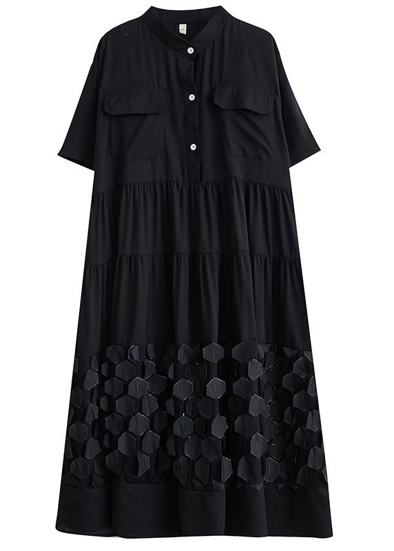 Organic Black Wrinkled Patchwork Vacation Long Dresses Summer