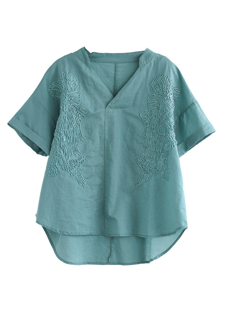 Organic Blue V Neck Embroidered Low High Design Shirts Summer