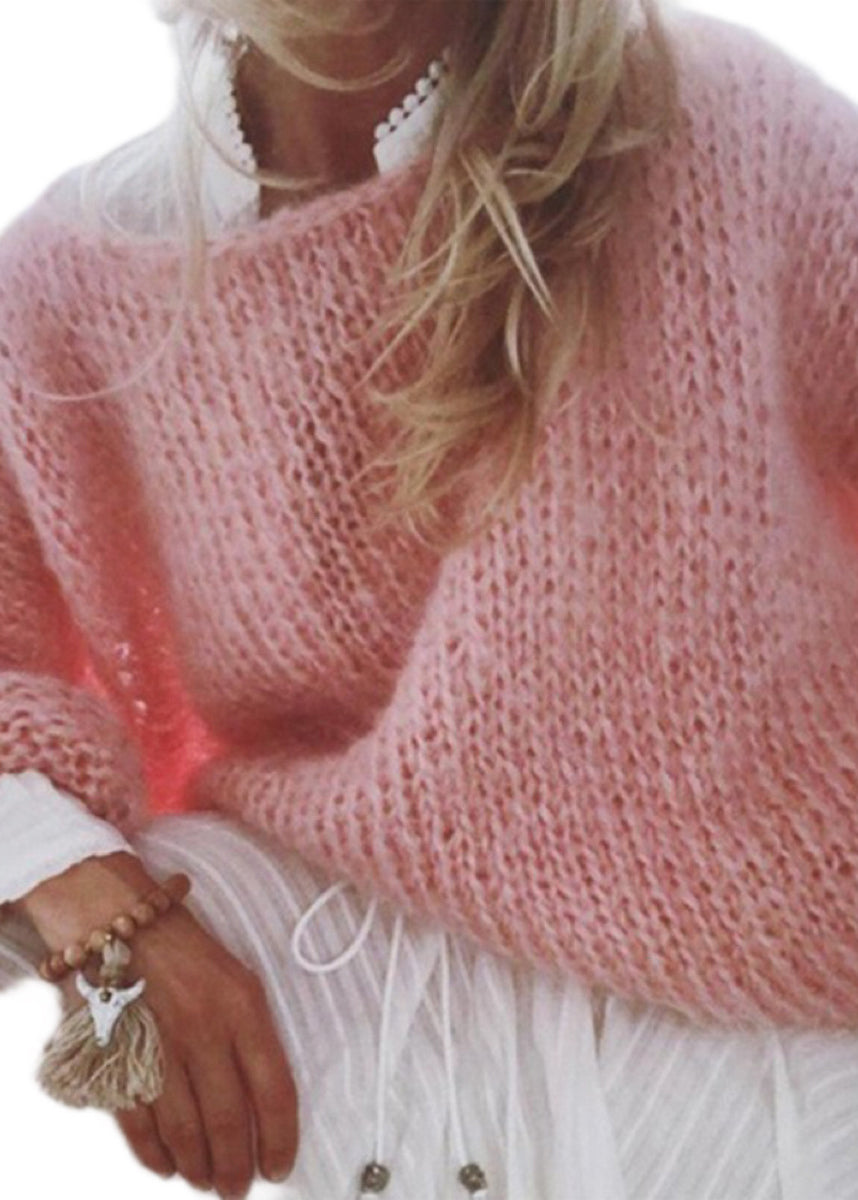 Organic Pink O-neck Ma Hai Mao Cotton Knitted Sweaters Tops Fall