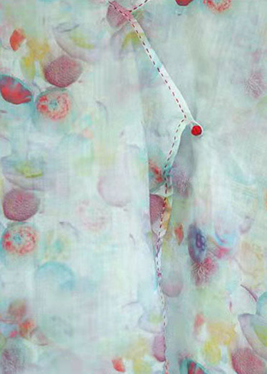 Oriental Light Green Button V Neck Print Tops Spring