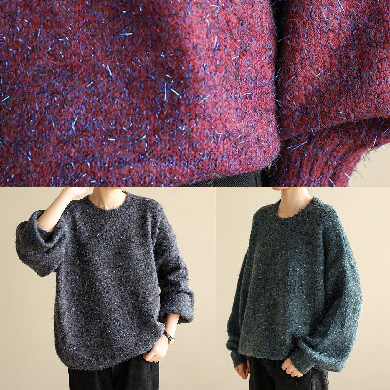 Oversized Purple Knit Tops Wild Fall O Neck Knitwear