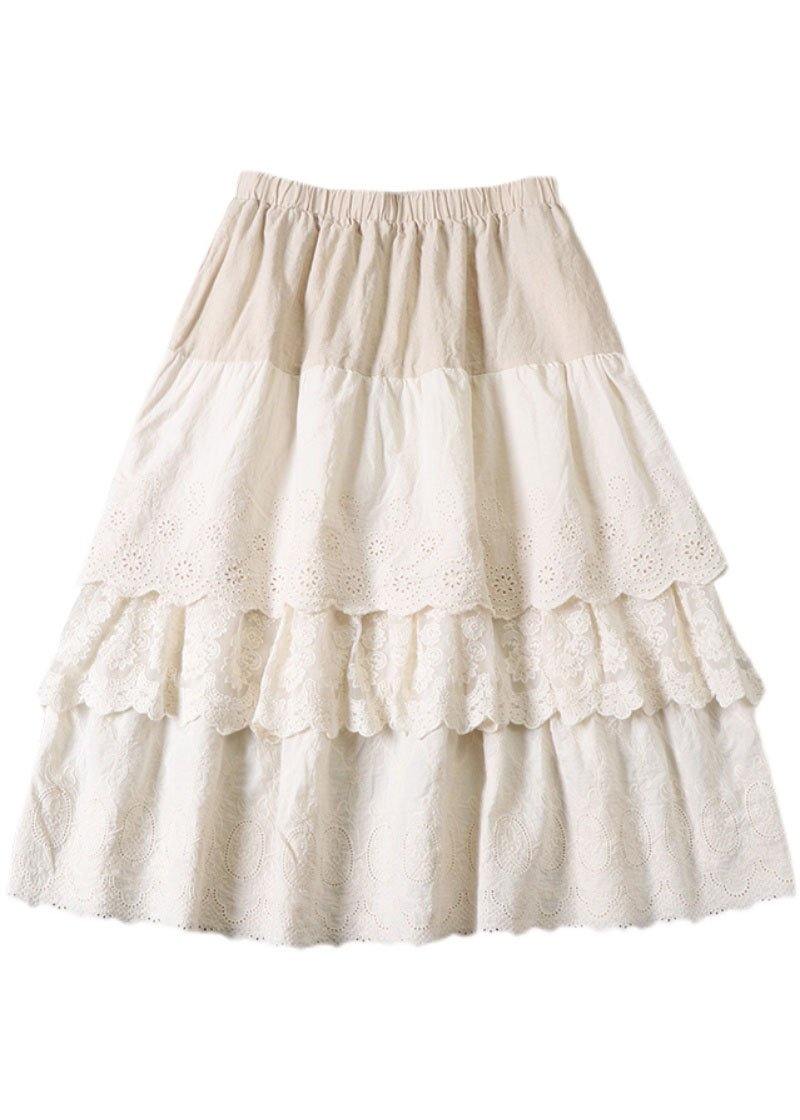 Beige Embroideried Wrinkled Patchwork Fall Tiered Skirts