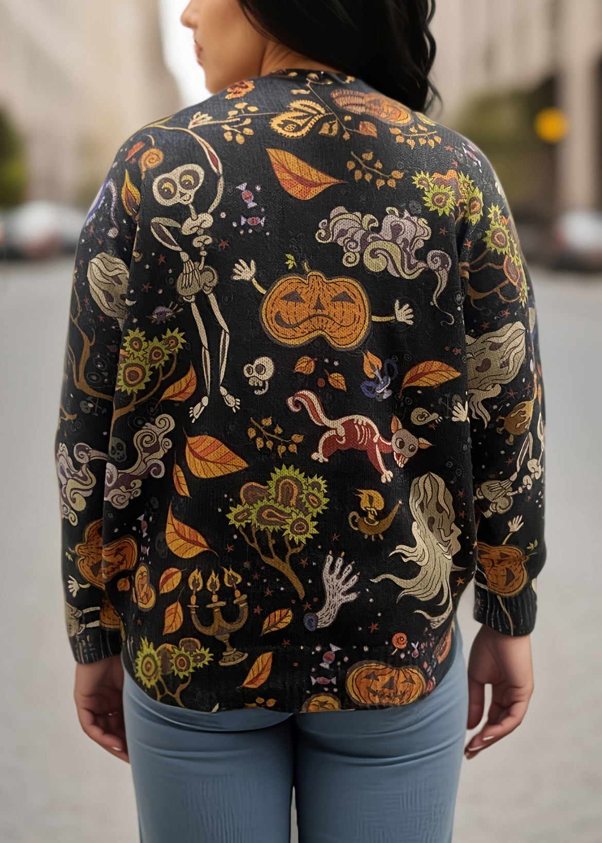 Black O-neck Print Knitting Cotton Sweaters Fall