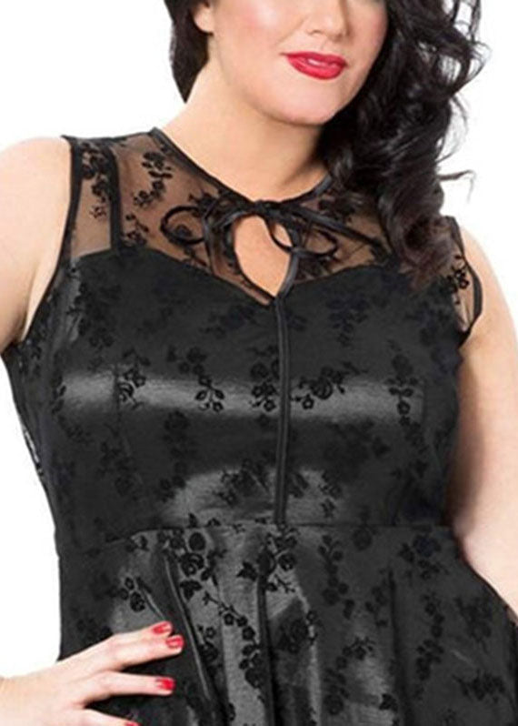 Black O-neck Print Tulle Patchwork Mid Dresses Summer