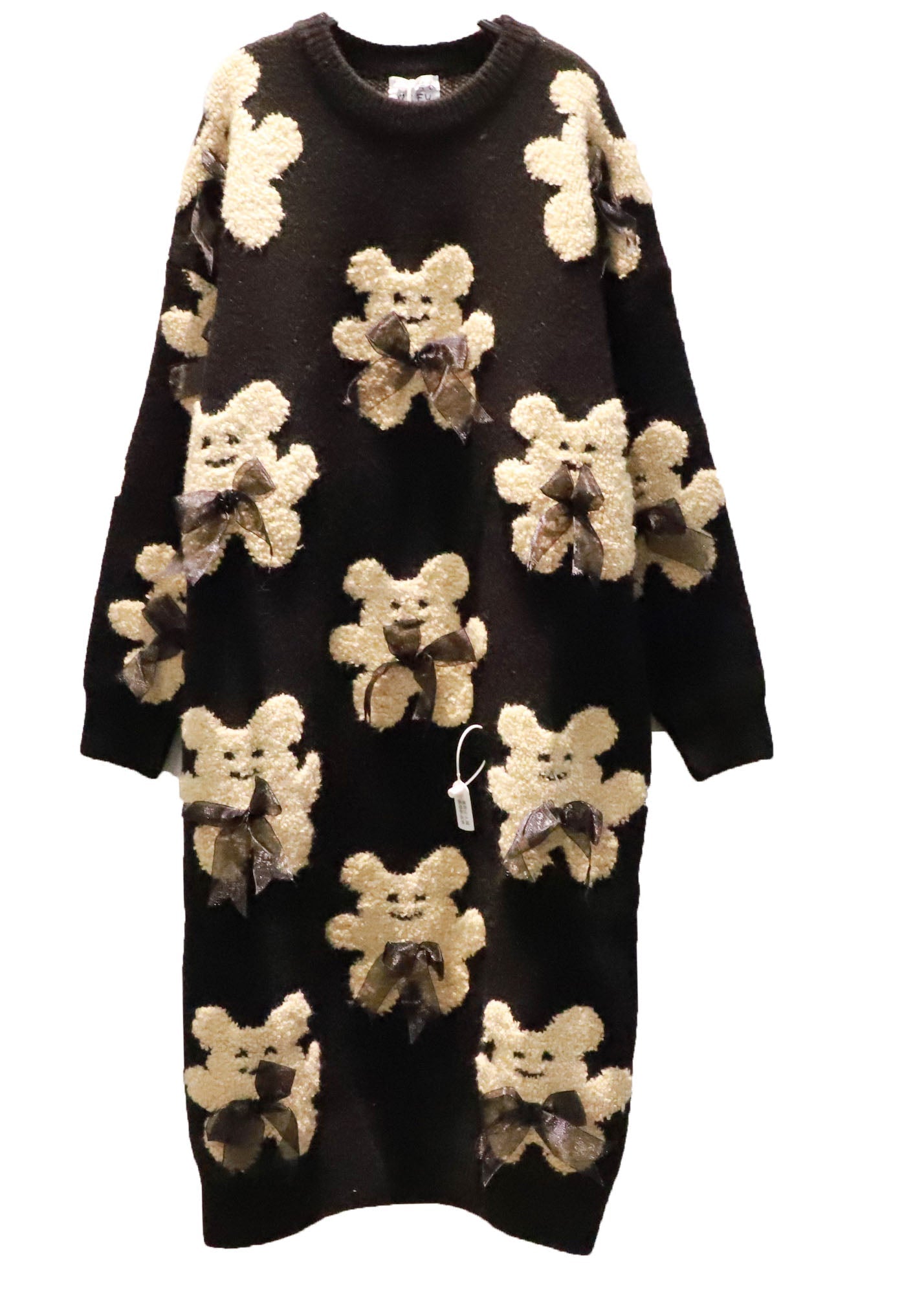 Black Oversized Bow Bear Jacquard Knit Long Sweater Winter