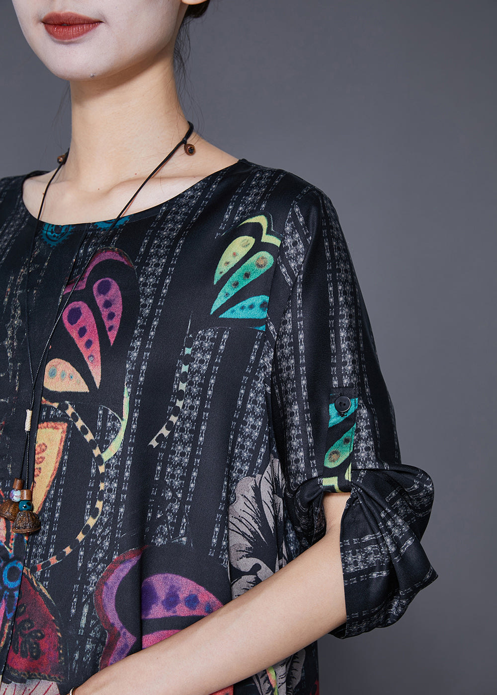 Black Oversized Print Side Open Silk Two Pieces Set Summer