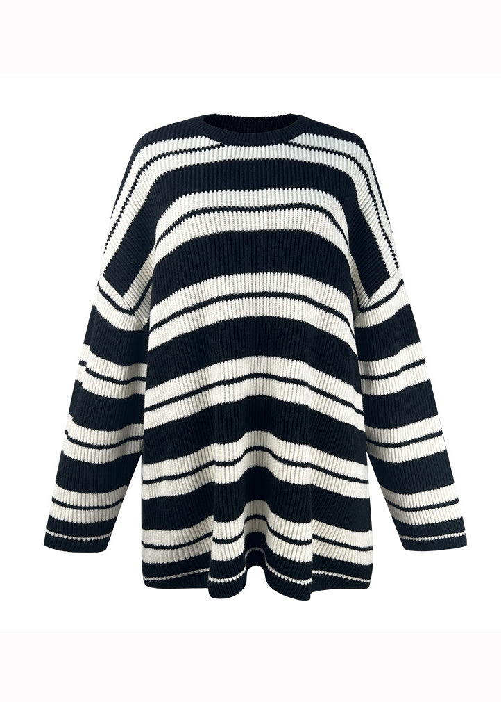 Black Striped O Neck Patchwork Knit Top Fall