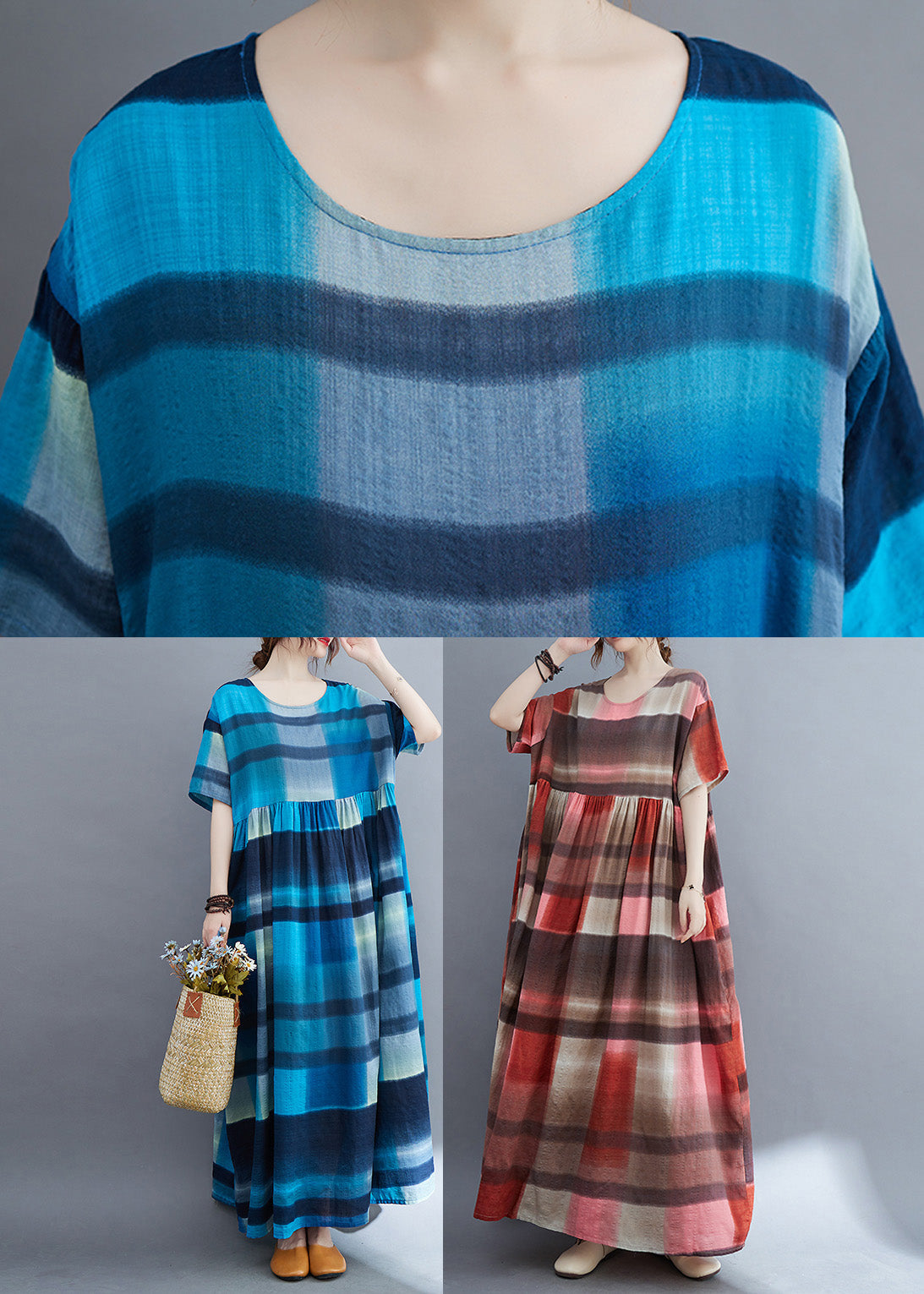 Blue Plaid O-neck Patchwork Maxi Dresses Summer