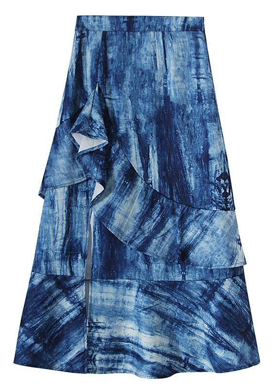 Blue Tie Dye Asymmetrical Design Ruffles Skirts