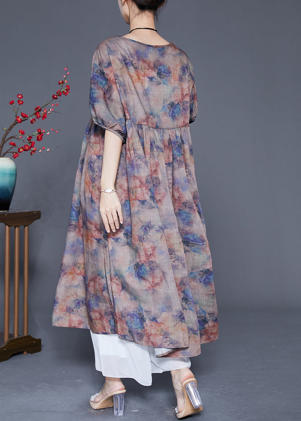 Coffee Oversized Print Linen Maxi Dress Summer