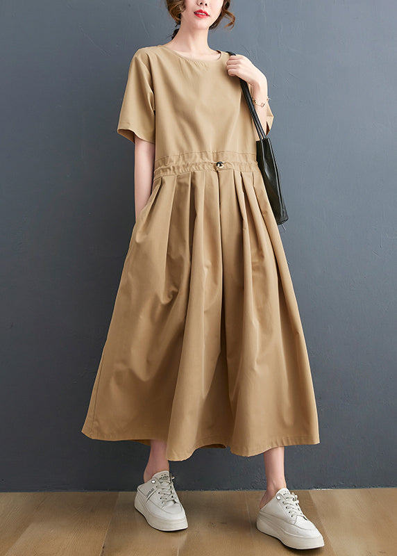 Khaki O-neck Wrinkled Drawstring Maxi Dresses Short Sleeve