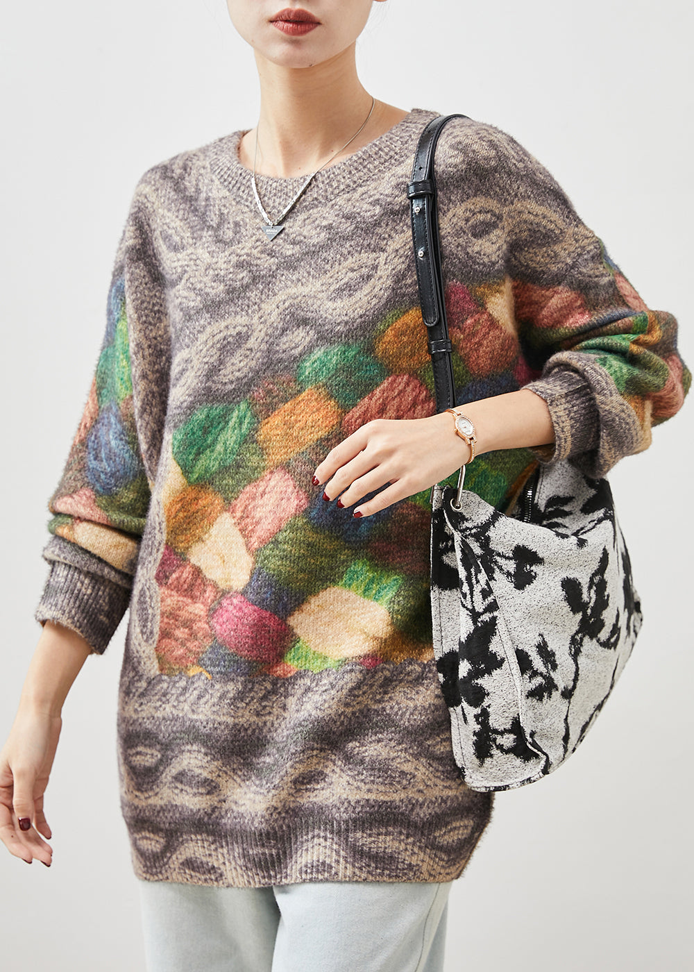 Khaki Oversized Thick Print Knit Pullover Spring