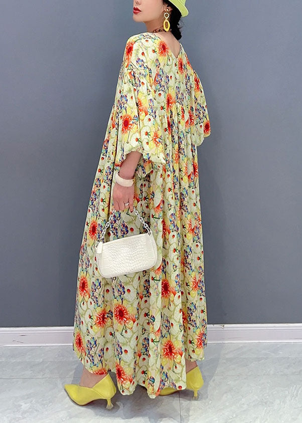 Yellow Oversized Print Cotton Robe Dresses Lantern Sleeve